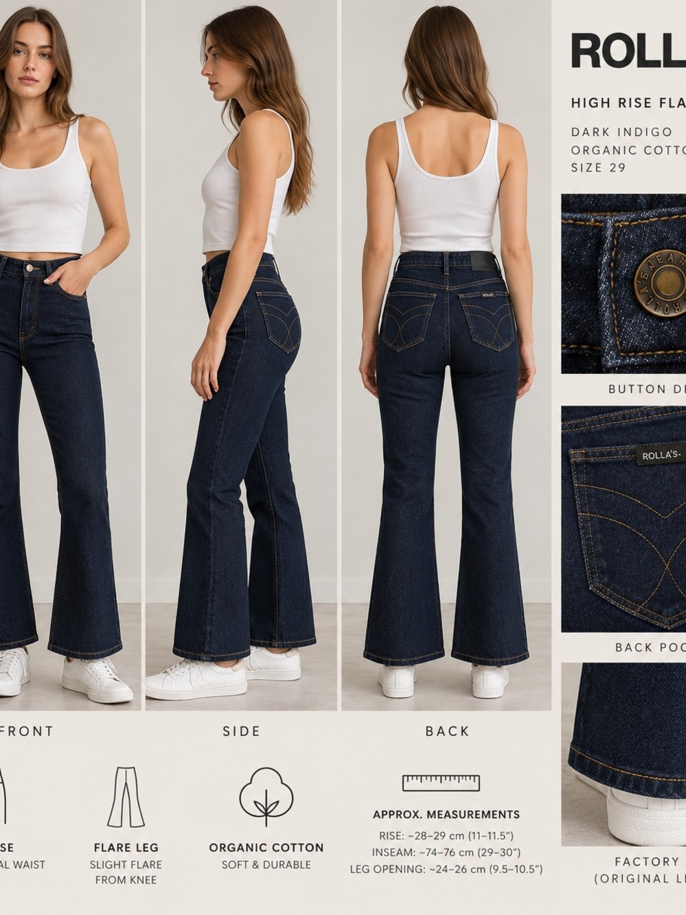 Rolla’s High Rise Flare Jeans Dark Indigo Organic Cotton Size 29 AU 11